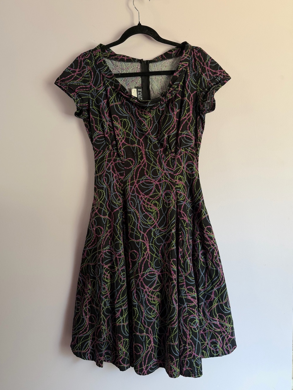 Dollz & Dames Black Jewel Mardi Gras Cotton Swing Dress Rockabilly USA Made L